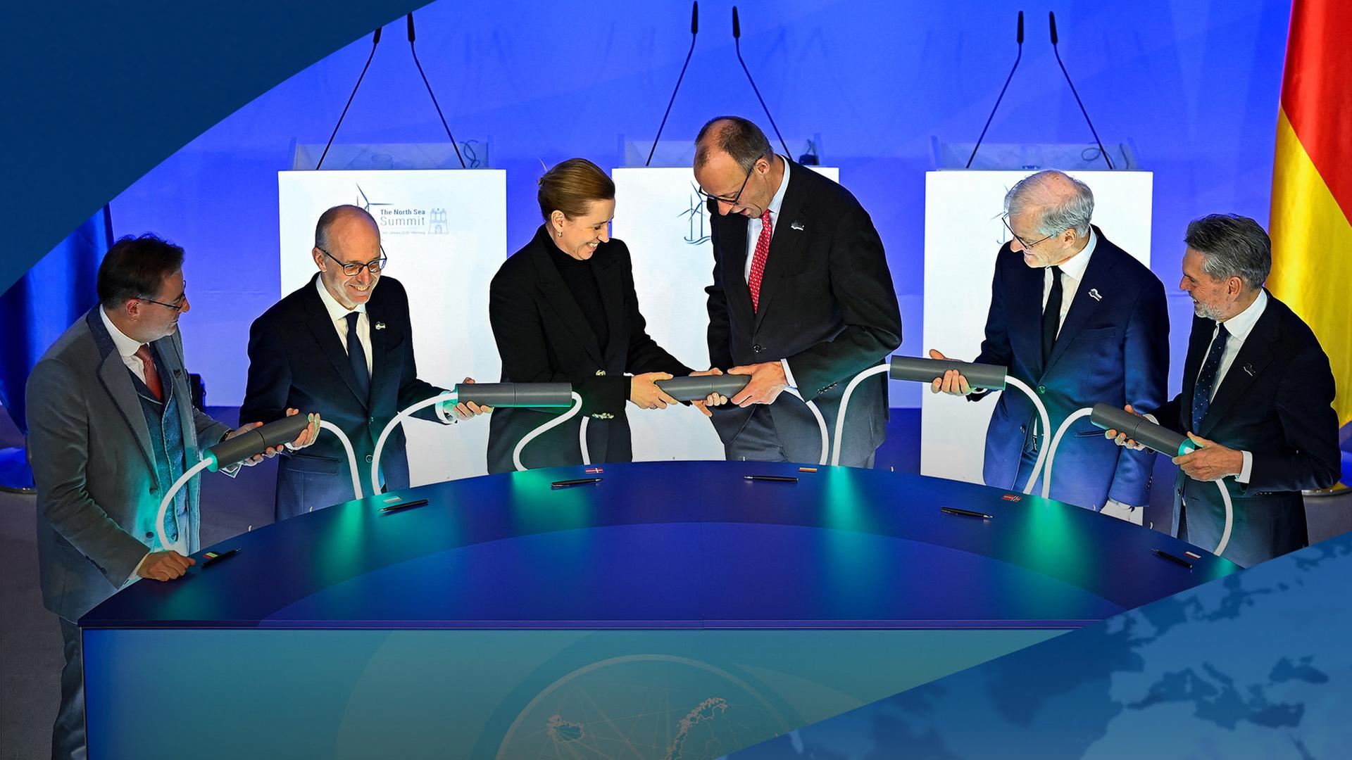 Die Staatschefs Frederiksen, Merz, Frieden und Schoof auf dem 3. Nordsee-Gipfel. | Reuters/Jonas Walzberg