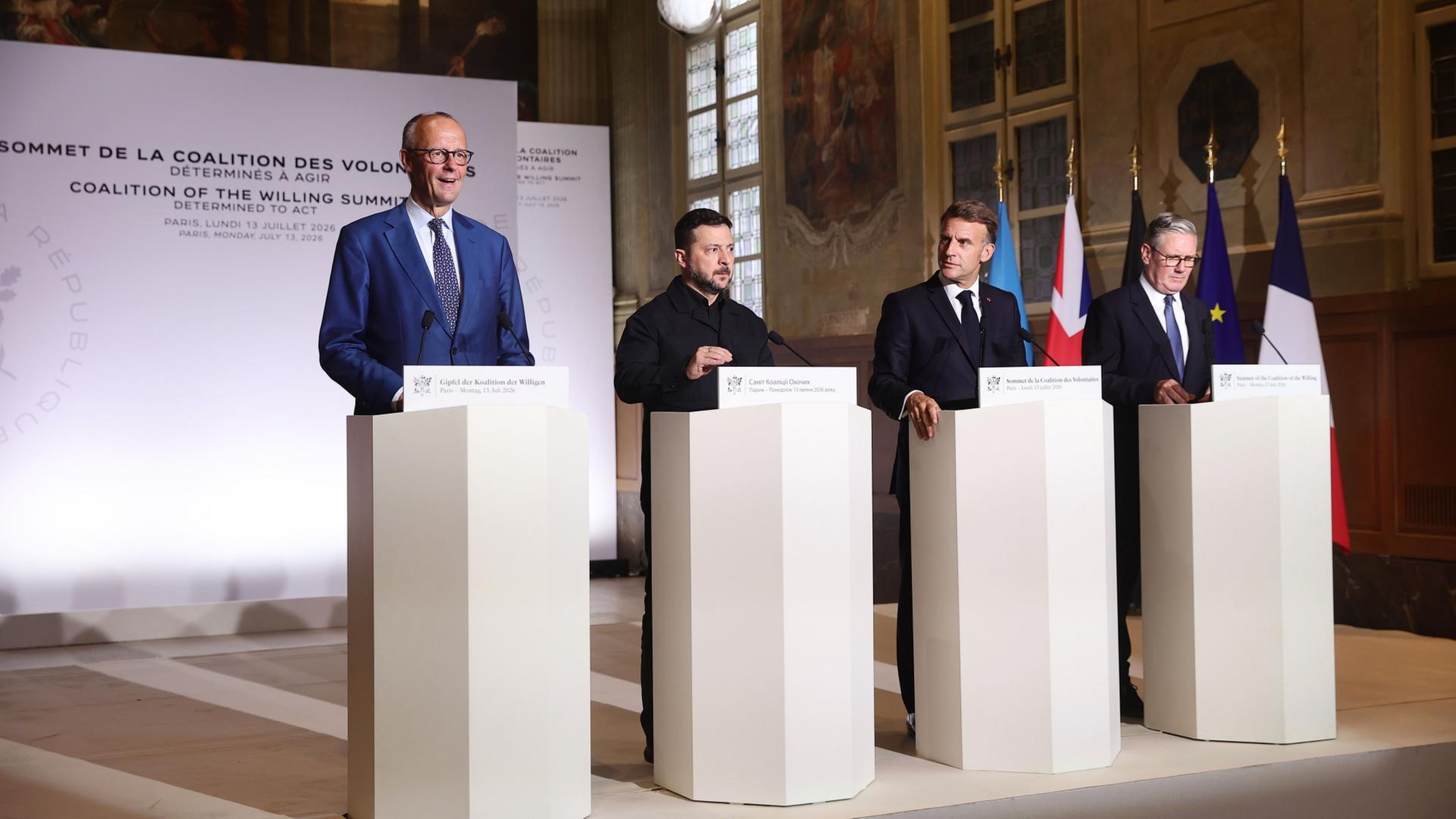 Friedrich Merz, Wolodymyr Selenskyj, Emmanuel Macron und Keir Starmer | Teresa Suarez/POOL EPA via AP