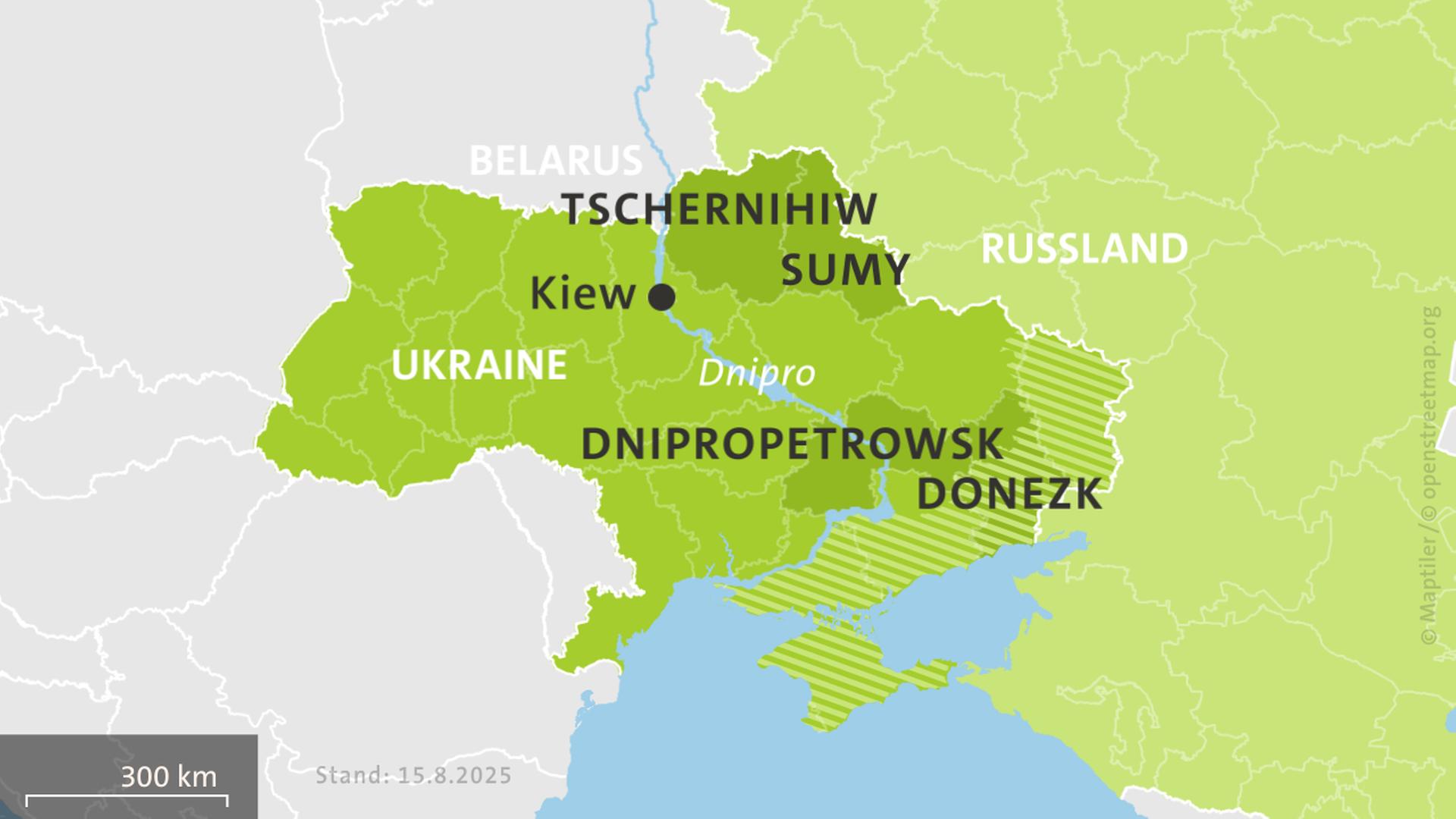 Karte der Ukraine und Russlands, hell schraffiert: von Russland besetzte Gebiete | ISW, Critical Threats Project | Stand: 15.8.2025