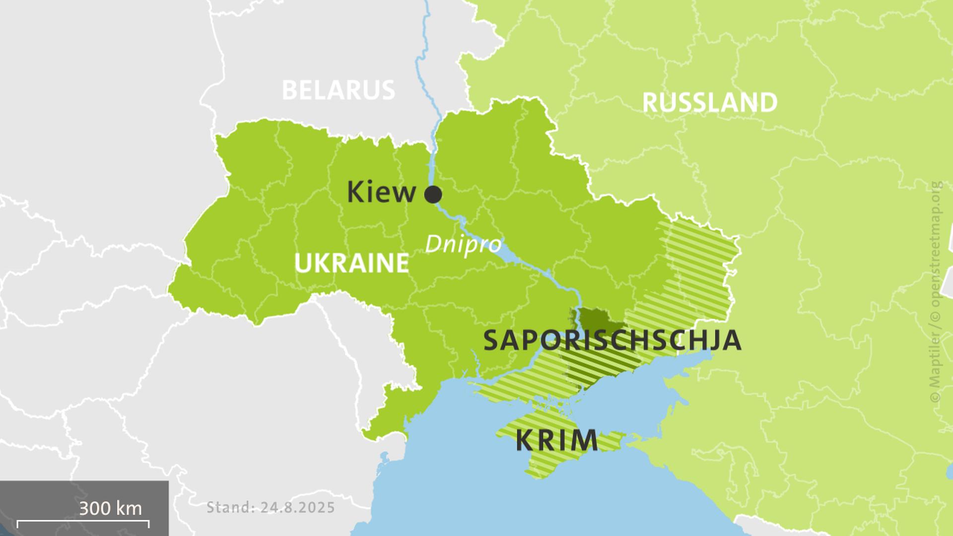 Karte der Ukraine und Russlands, hell schraffiert: von Russland besetzte Gebiete | ISW, Critical Threats Project | Stand: 24.8.2025