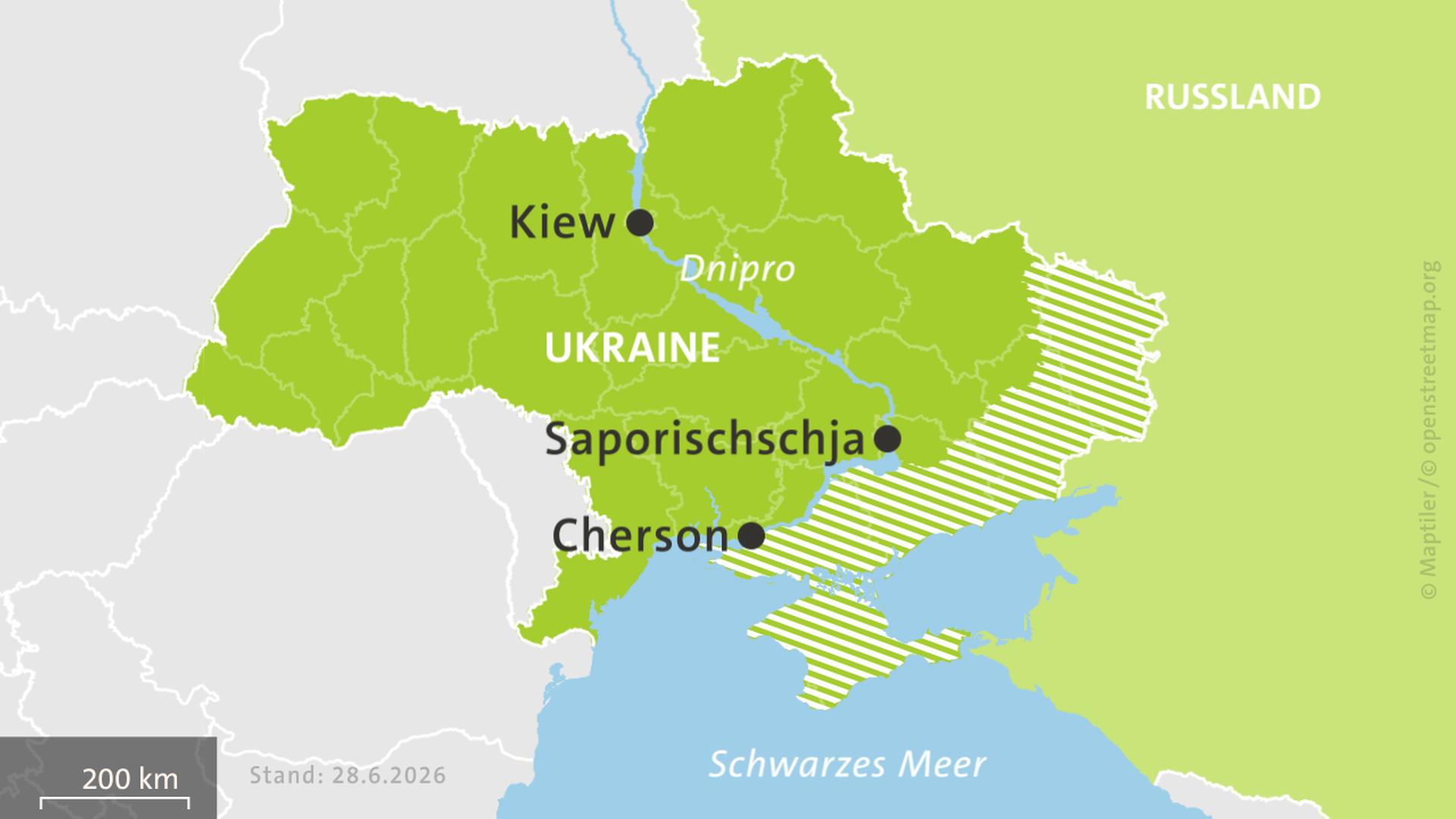 Karte: Ukraine und Russland, hell schraffiert: von Russland besetzte Gebiete. | ISW, Critical Threats Project | Stand: 28.6.26