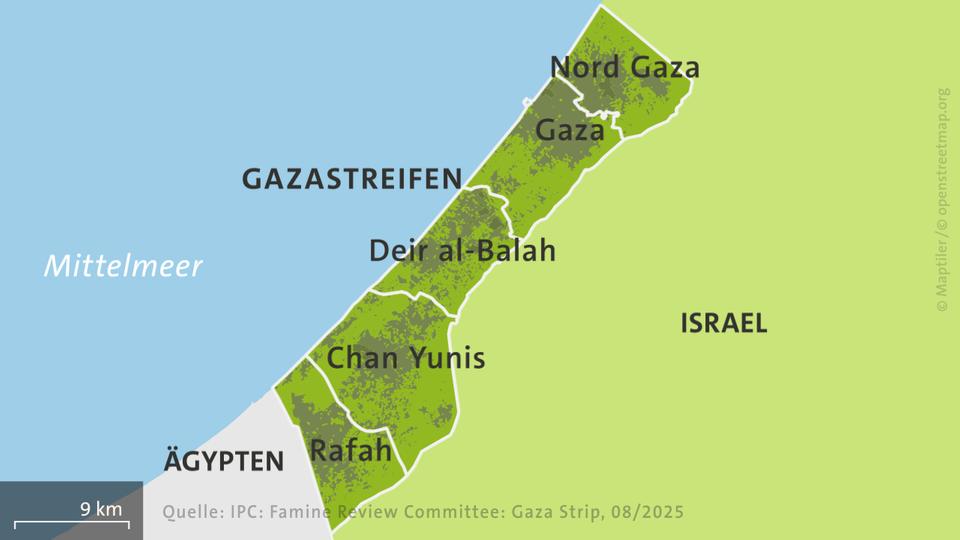Karte des Gazastreifens und die vom IPC-Analyseteam verwendeten Analyseeinheiten | ARD-aktuell Karte des Gazastreifens und die vom IPC-Analyseteam verwendeten Analyseeinheiten