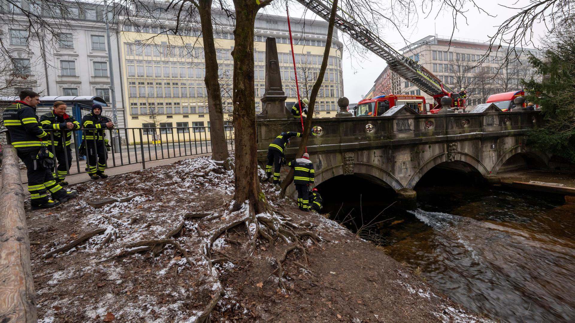 Die Feuerwehr in M�nchen entfernt eine Bretterkonstruktion, die im Eisbach eine k�nstliche Welle erzeugt hat. | dpa