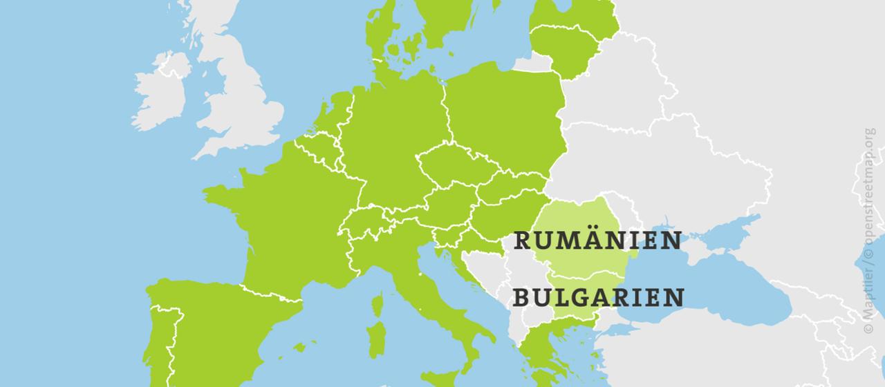 Karte: Schengenraum mit Rumänien und Bulgarien