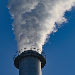 Dampf und Abgase kommen aus einem Schornstein einer Fabrik.