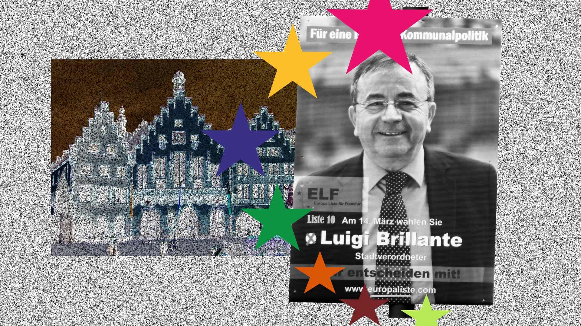 Collage: Rathaus Römer in Negativoptik, ein Wahlplakat mit einem Mann und 