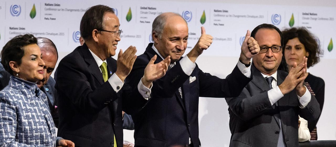 Christiane Figueres, Ban Ki-moon, Laurent Fabius und Francois Hollande (Archivbild: 11.12.2015)