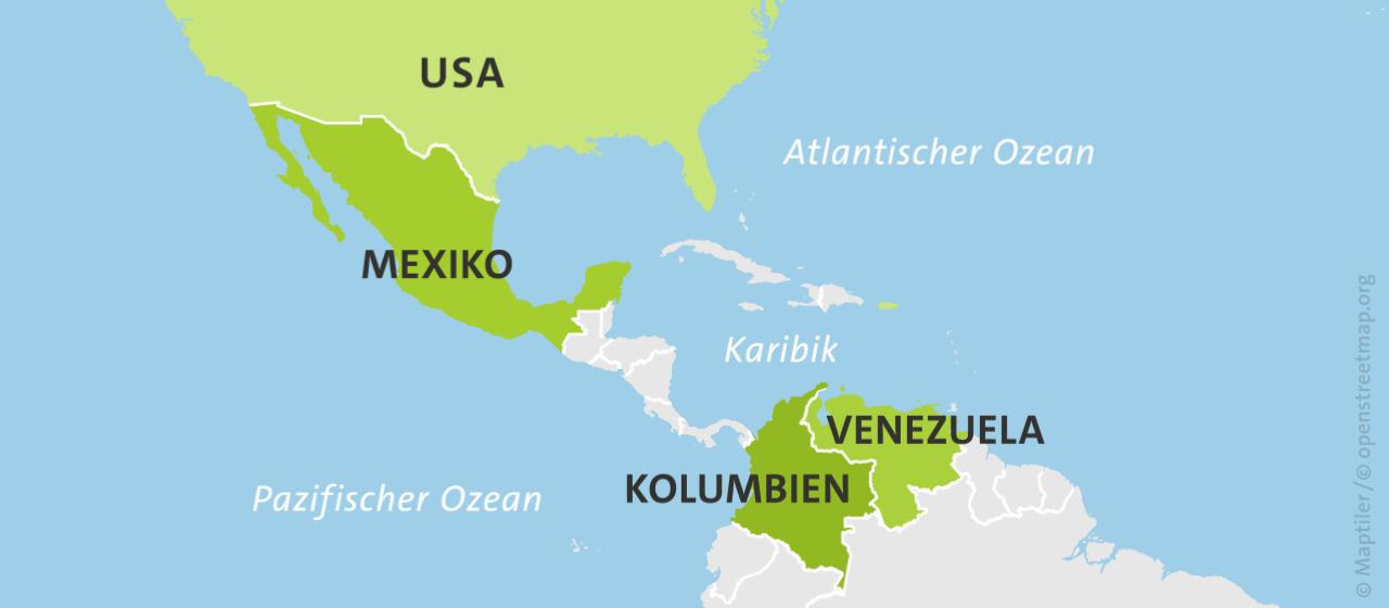 Karte USA, Mexiko, Kolumbien, Venezuela, Pazifik, Karibik, Atlantik | ARD-Aktuell Karte USA, Mexiko, Kolumbien, Venezuela, Pazifik, Karibik, Atlantik
