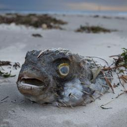 Ein toter Fisch der während Südaustraliens Algenblütenkrise an den West Beach geschwemmt wurde.