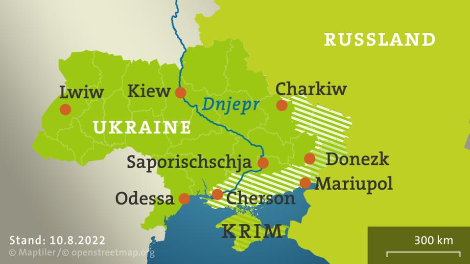Weiß schraffiert: Vormarsch der russischen Armee. Grün schraffiert: von Russland unterstützte Separatistengebiete. Krim: von Russland annektiert.