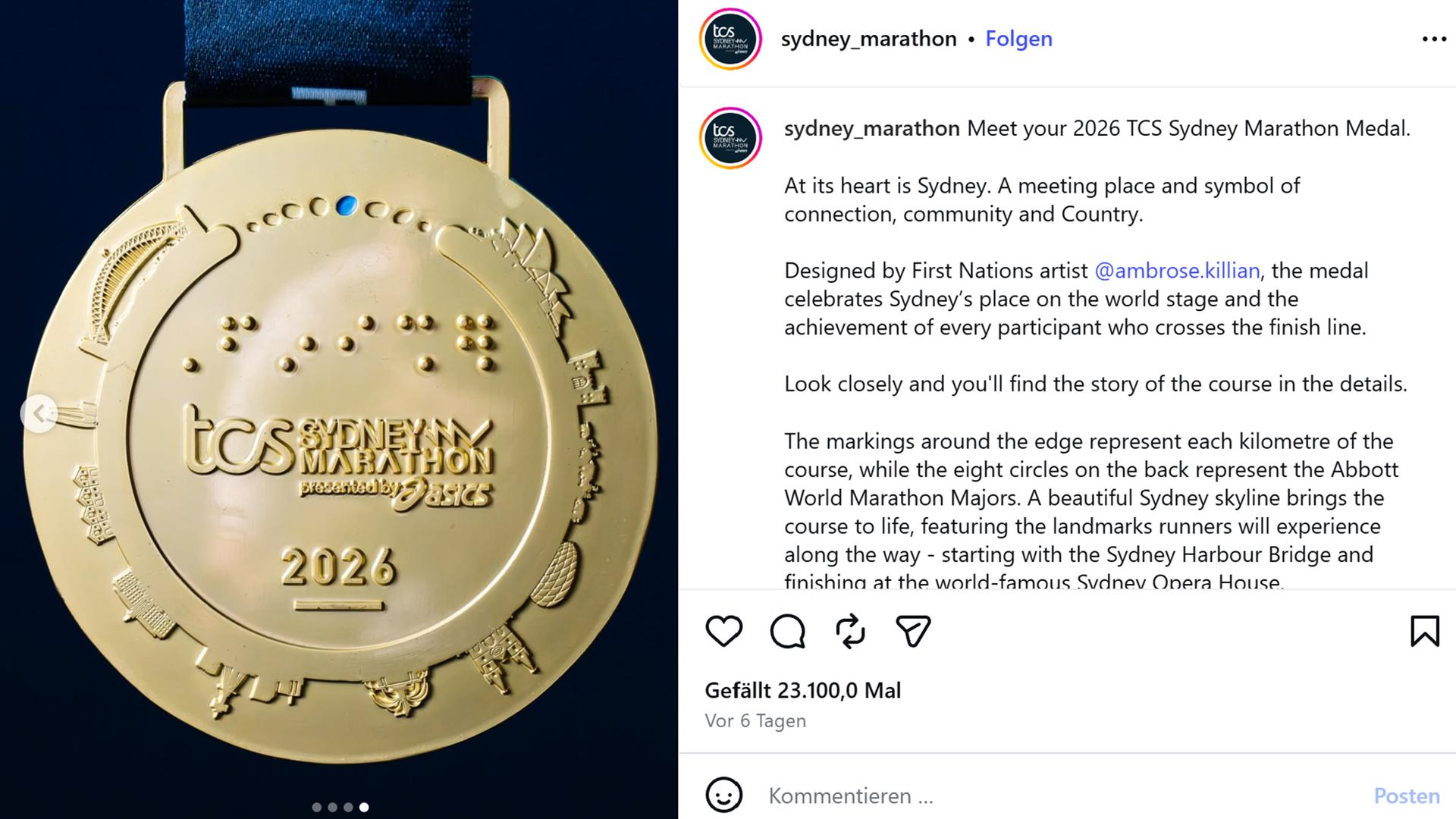Screenshot eines Post von sydney_marathon, der eine Madaille zeigt. | Instagram