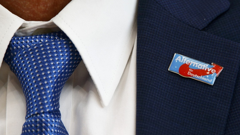 AfD-Logo an einem Sakko von Uwe Jung 