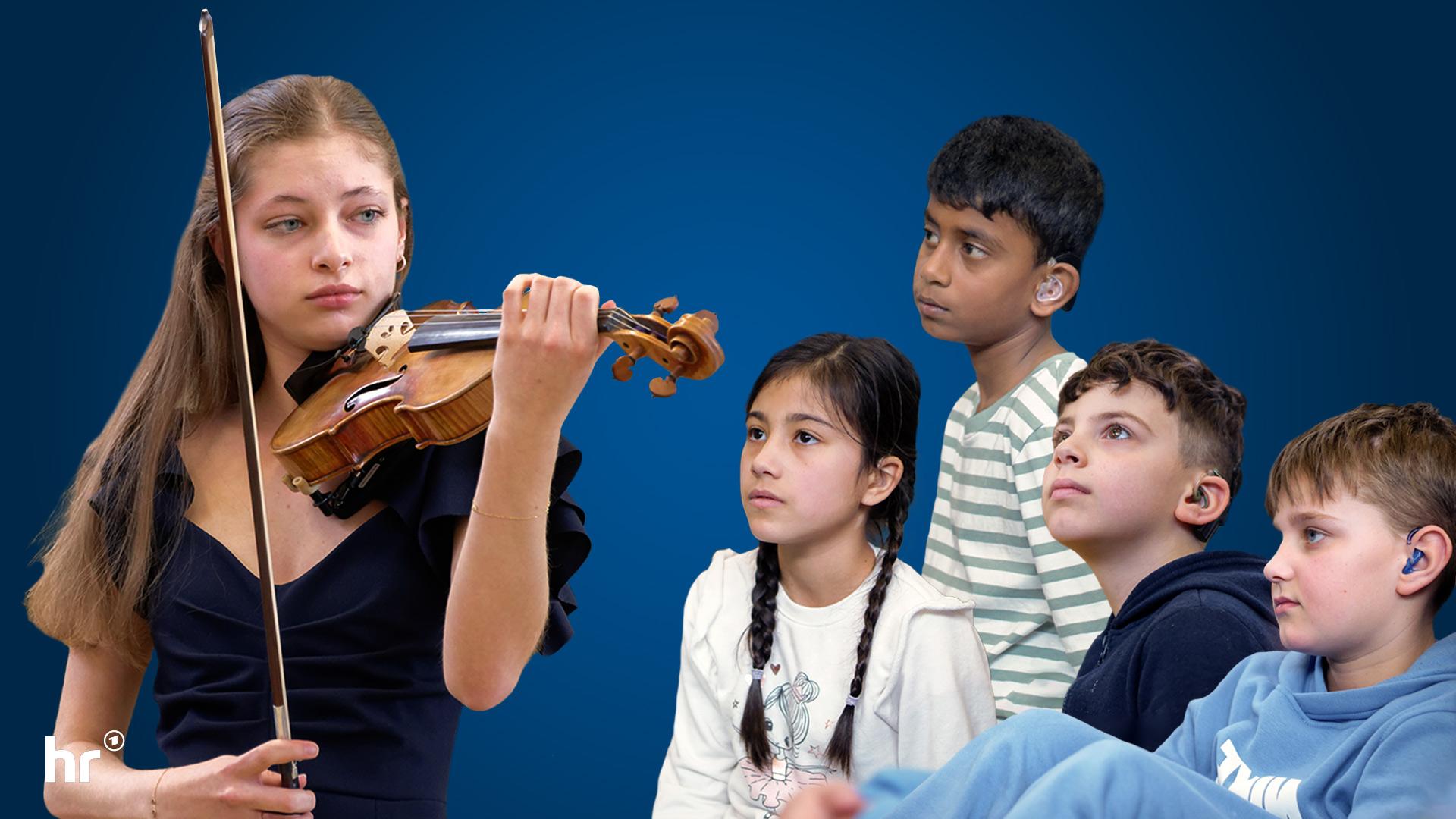 Violinistin Josephine Stelter und junge Zuhörende in Friedberg. | Johannes-Vatter-Schule; Collage: hessenschau.de Drei Jungen und ein Mädchen, die andächtig lauschen und eine junge Geigerin, die spielt. Alle augeschnitten vor blauem Hintergrund.