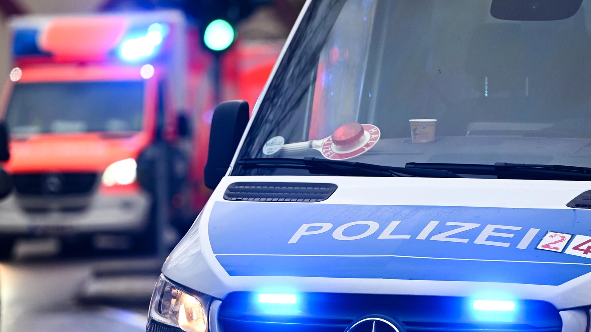 Ein Polizeiauto und ein Rettungswagen mit Blaulicht. (Quelle: dpa/Jens Kalaene) | dpa/Jens Kalaene