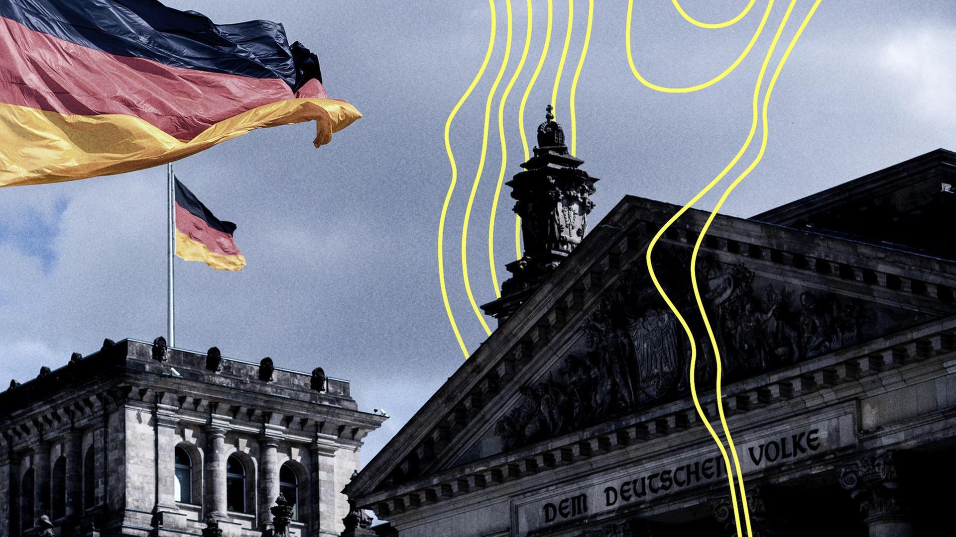 Deutschlandfahne und Portal mit Inschrift Dem Deutschen Volke vom Reichstag, Sitz des Deutschen Bundestag und der Bundesversammlung. | picture alliance / IPON, Stefan Boness