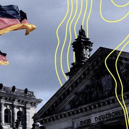 Deutschlandfahne und Portal mit Inschrift Dem Deutschen Volke vom Reichstag, Sitz des Deutschen Bundestag und der Bundesversammlung.