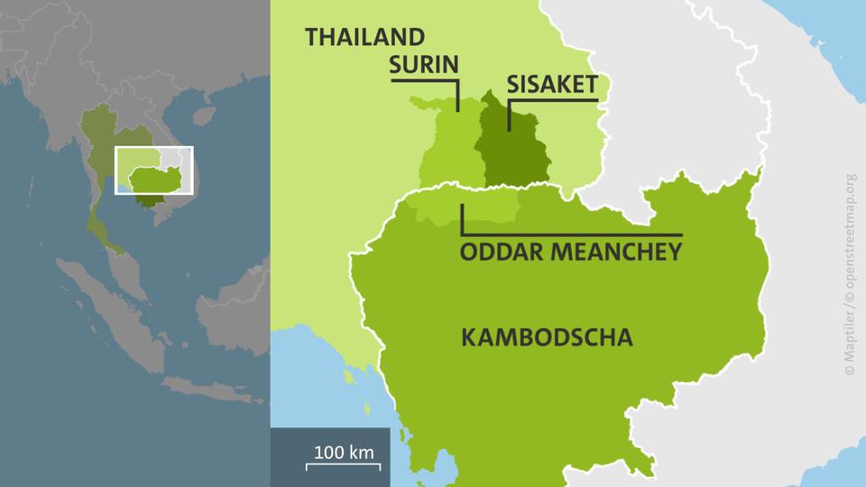 Karte: Thailand mit den Regionen Surin, Sisaket und Kambodscha mit der Region Oddar Meanchey | ARD-aktuell Karte: Thailand mit den Regionen Surin, Sisaket und Kambodscha mit der Region Oddar Meanchey
