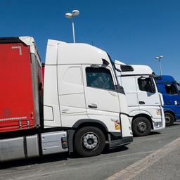 Lkw stehen auf dem Parkplatz einer Raststätte.