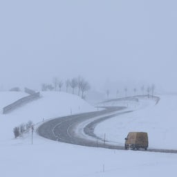 Ein Lieferwagen ist auf einer winterlichen Landstraße unterwegs.
