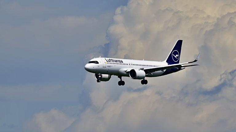 Landender Airbus der Lufthansa am Frankfurter Flughafen Fraport.