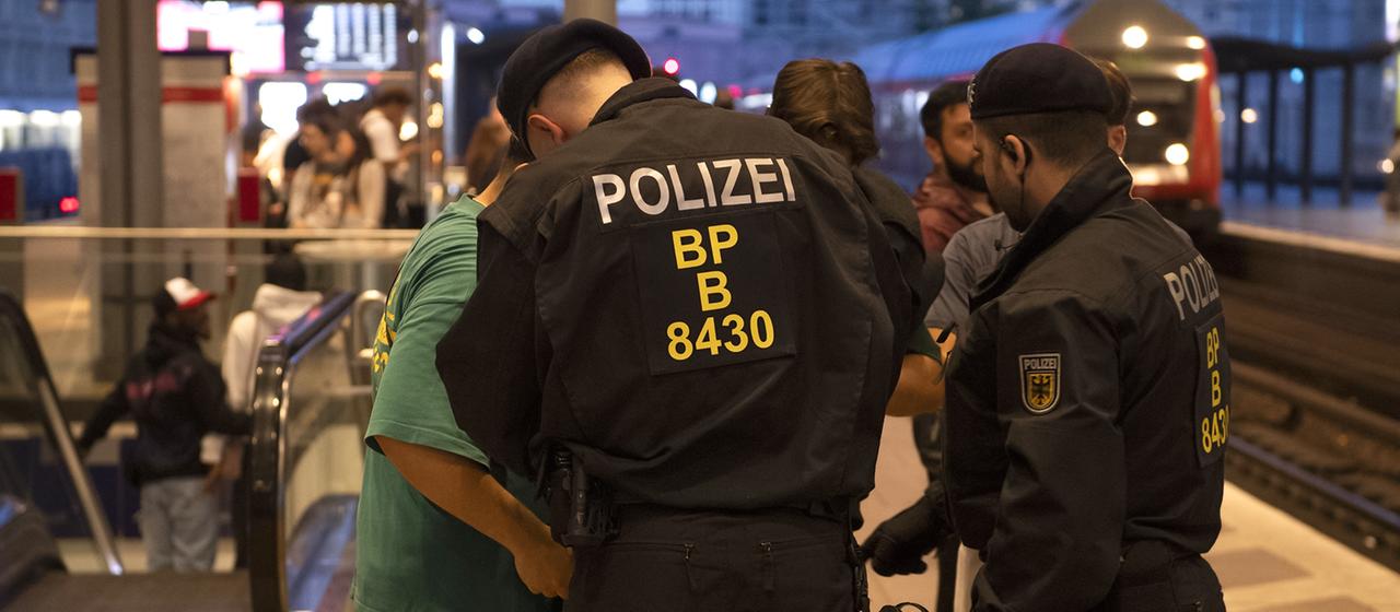 Bundespolizisten überprüfen auf einem Berliner Bahnhof einen Mann. | dpa Bundespolizisten überprüfen auf einem Berliner Bahnhof einen Mann.