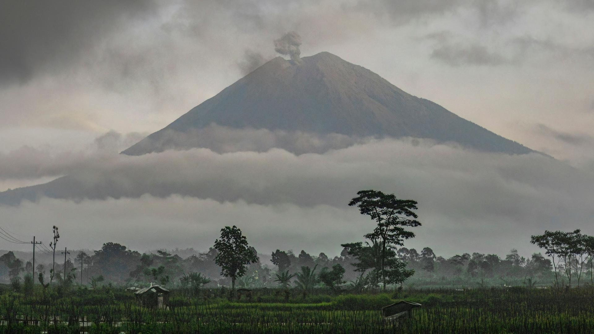 Auf Java spuckt der Semeru Vulkanasche aus, wÃ¤hrend dichte Wolken die Gegend bedecken. | AFP
