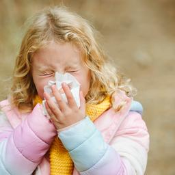 Blondes Mädchen schnäuzt in Taschentuch