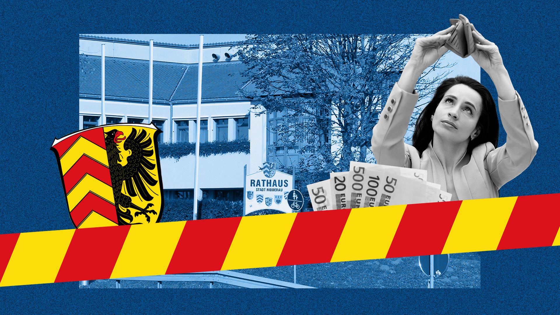 Collage: Im Hintergrund ein Foto eines Rathauses, davor links ein Wappen und rechts Geldscheine und eine Frau, die besorgt in ihre leere Geldbörse guckt. Vor all dem ein gestreiftes Band in den Farben des Wappens.   | Wikimedia / Rudolf Stricker; Colourbox; Collage: hessenschau.de