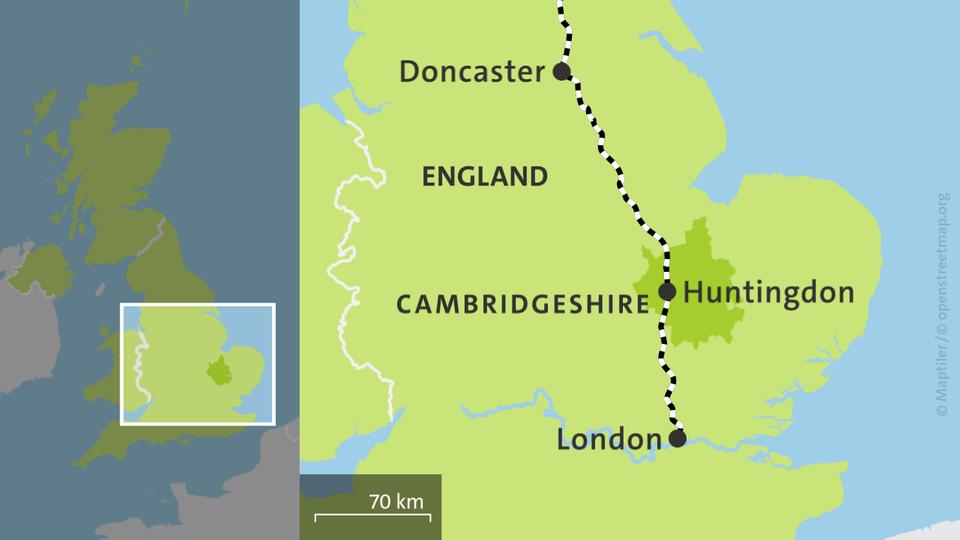 Karte: Huntingdon an der Bahnlinie "Main East Coast Line" von Doncaster nach London