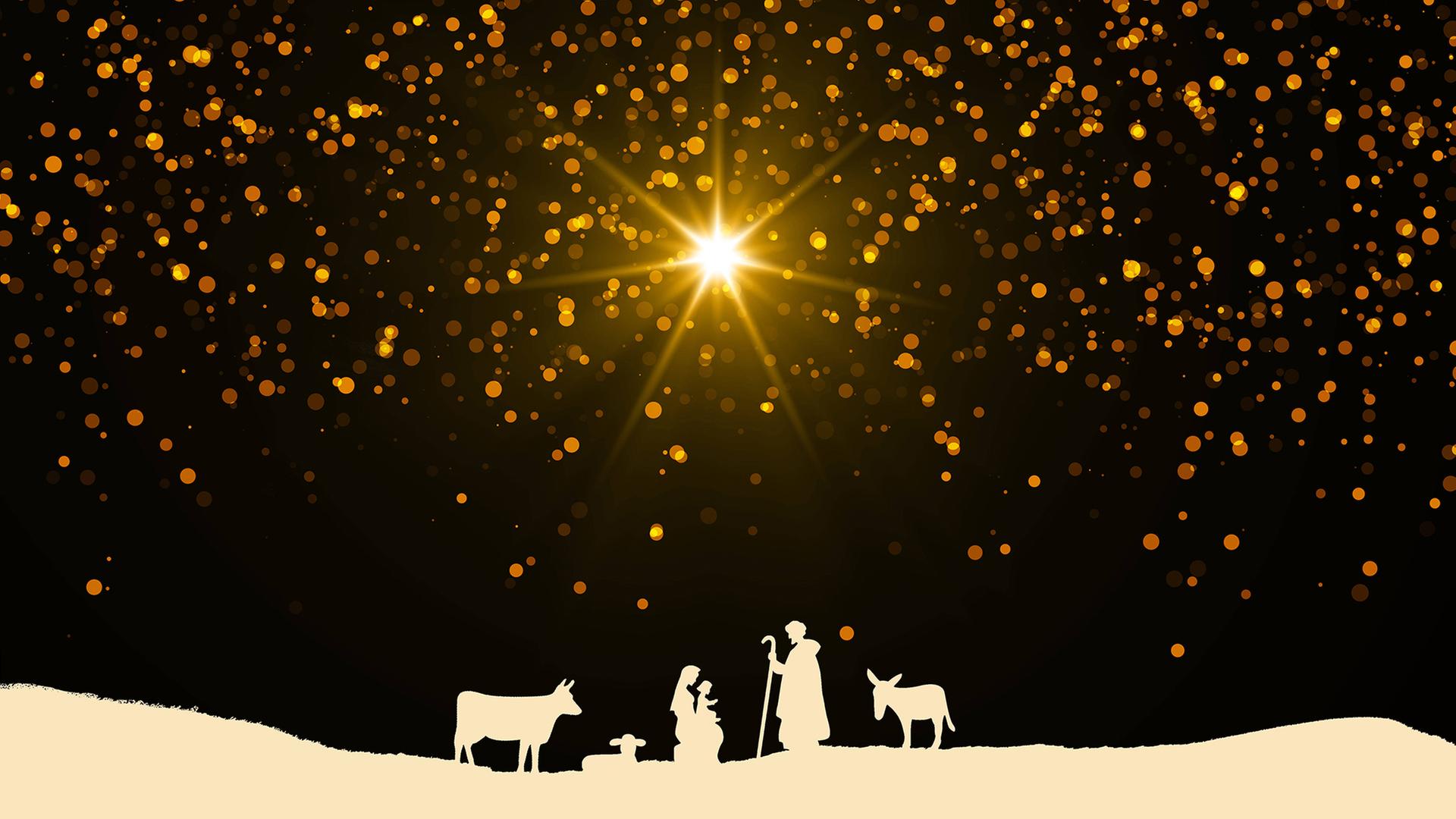 Die Silhouetten von Jesus Christus, Maria, Josef und Tieren ist vor dem Hintergrund eines hellen Sterns zu sehen. | IMAGO/Zoonar