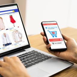 Eine Person besucht einen online-shop und hält ein Mobiltelefon in der Hand mit dem virtuellen Warenkorb.