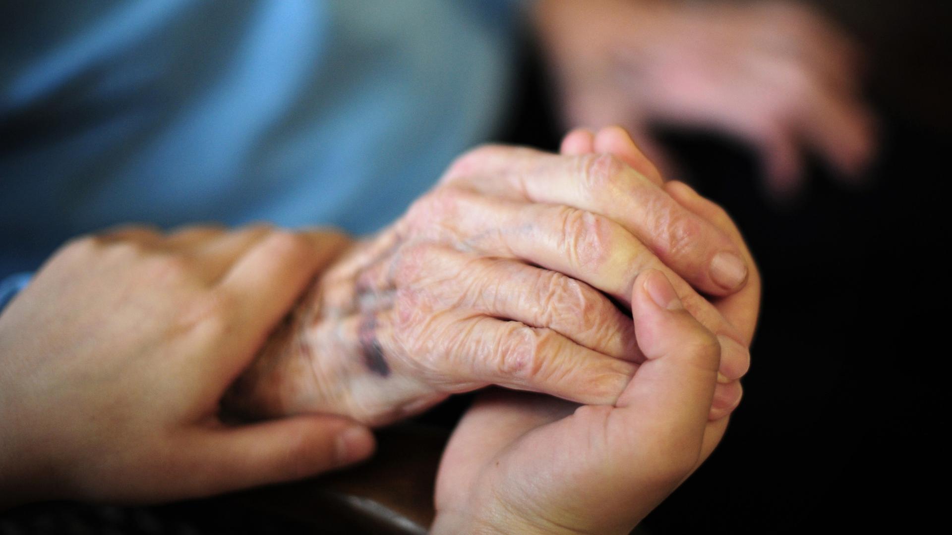 Pflegekraft hält die Hand einer Seniorin | dpa