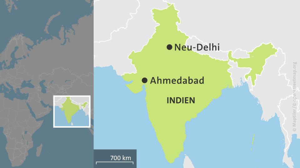 Karte von Indien mit der Hauptstadt Neu-Delhi und dem Ort Ahmedabad | ARD-aktuell Karte von Indien mit der Hauptstadt Neu-Delhi und dem Ort Ahmedabad