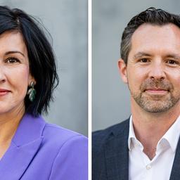 Noosha Aubel (parteilos) und Severin Fischer (SPD), Kandidaten für die Oberbürgermeisterwahl 2025 in Potsdam, aufgenommen am 14.09.2025. (Quelle: Picture Alliance/Fabian Sommer)
