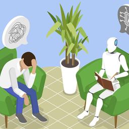 Illustration: Isometrische flache 3D Vektorgrafik zur Behandlung psychischer Erkrankungen, KI Psychologie Roboter, der einem depressiven Patienten Therapie anbietet (Quelle: dpa / Anastasiia Torianyk).