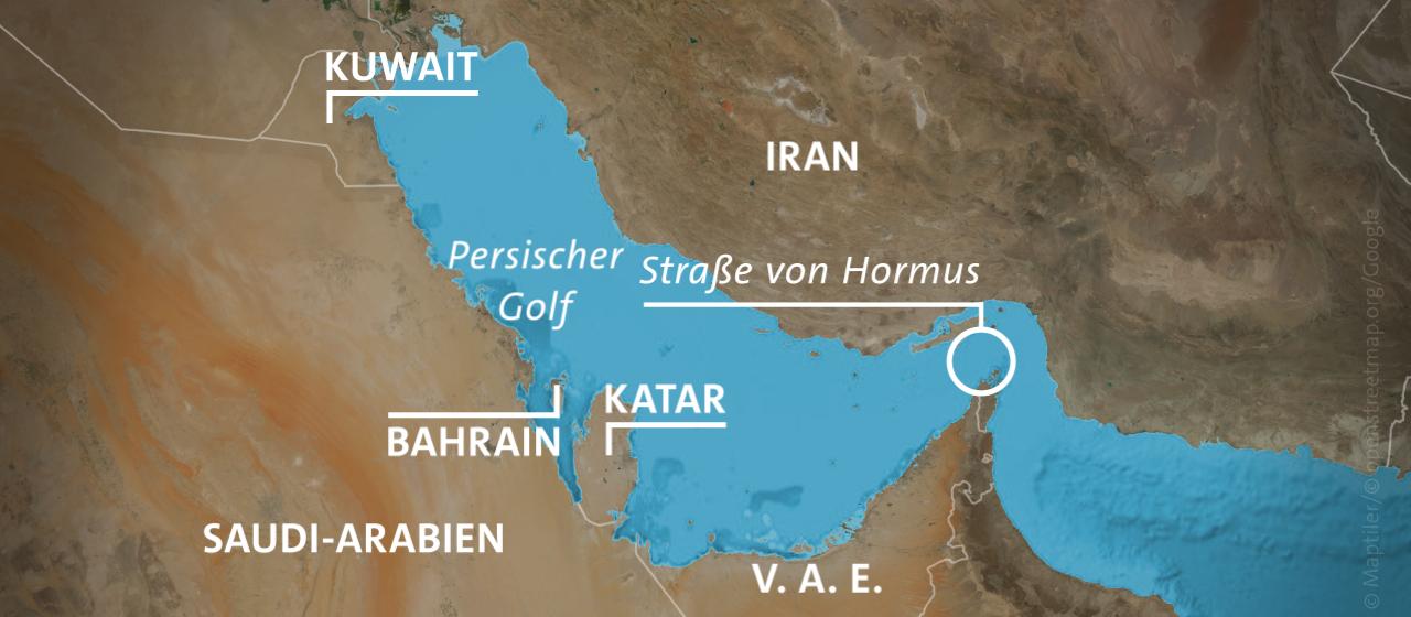 Karte: Persischer Golf mit Iran, Kuwait, Saudi-Arabien, Bahrain, Katar und Vereinigte Arabische Emirate