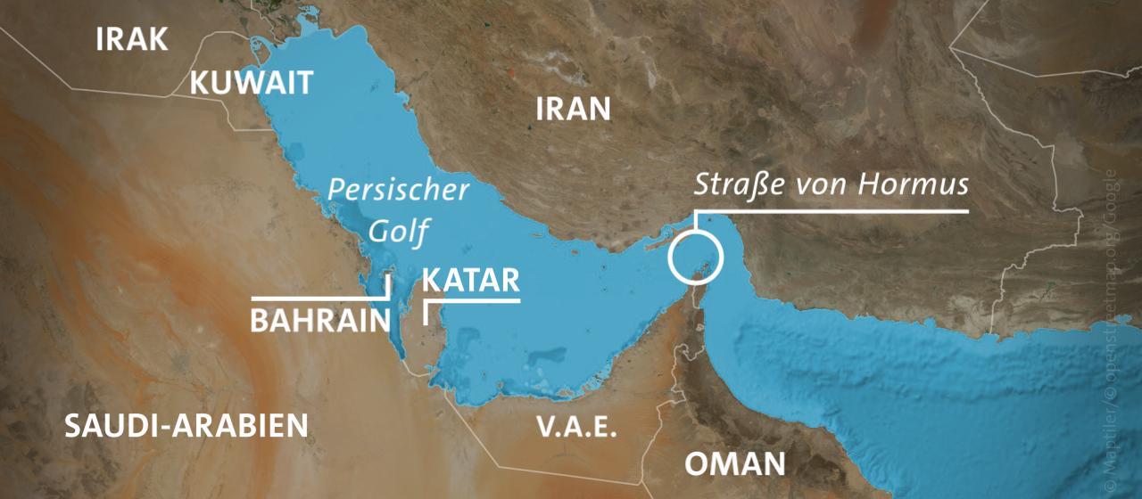 Karte: Persischer Golf mit Iran, Kuwait, Saudi-Arabien, Bahrain, Katar, Vereinigte Arabische Emirate, Oman