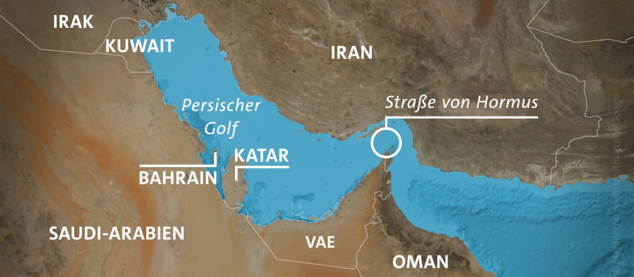 Karte: Persischer Golf mit Iran, Kuwait, Saudi-Arabien, Bahrain, Katar, Vereinigte Arabische Emirate, Oman