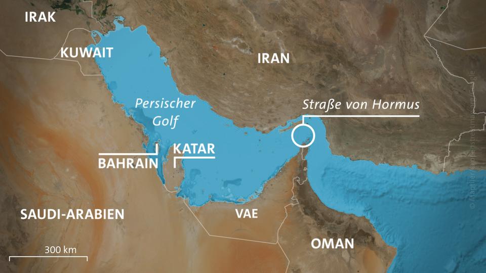Karte: Persischer Golf mit Iran, Kuwait, Saudi-Arabien, Bahrain, Katar, Vereinigte Arabische Emirate, Oman