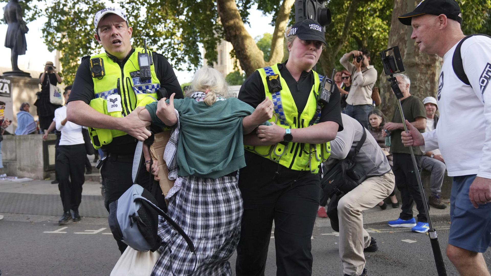 Polizisten tragen den Teilnehmer einer Demonstration in London | AP