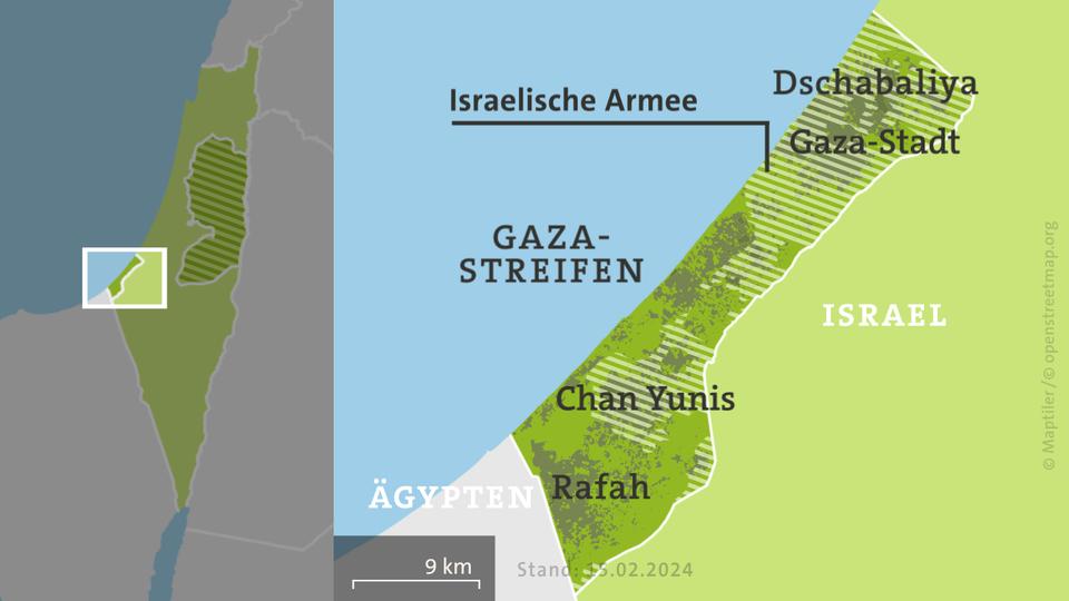 Karte: Gazastreifen, schraffiert: von der israelischen Armee kontrollierte Gebiete