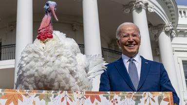 US-Präsident Joe Biden steht am Rednerpult, auf dem der von ihm begnadigte Truthahn "Liberty" hockt.