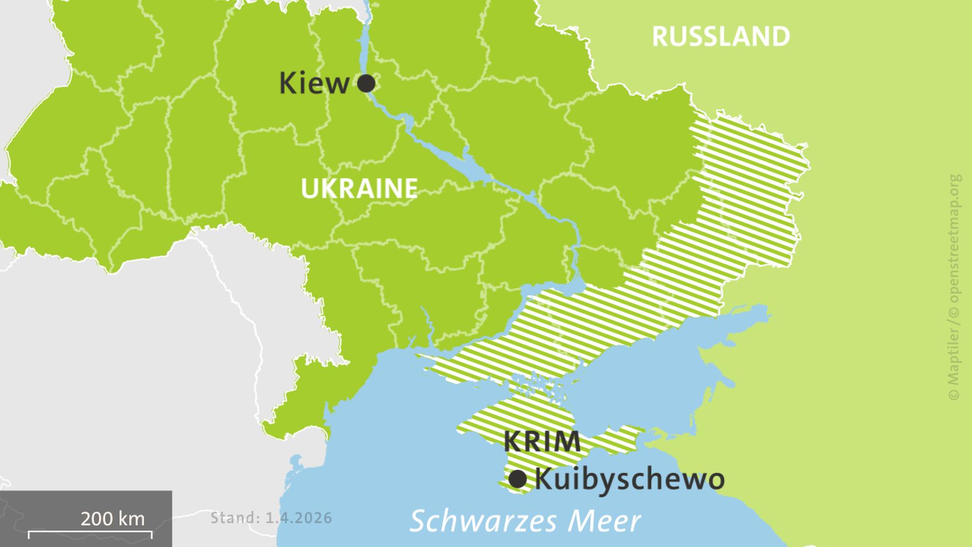 Karte: Karte der Ukraine und Russlands, hell schraffiert: von Russland besetzte Gebiete. | ISW, Critical Threats Project | Stand: 1.4.26