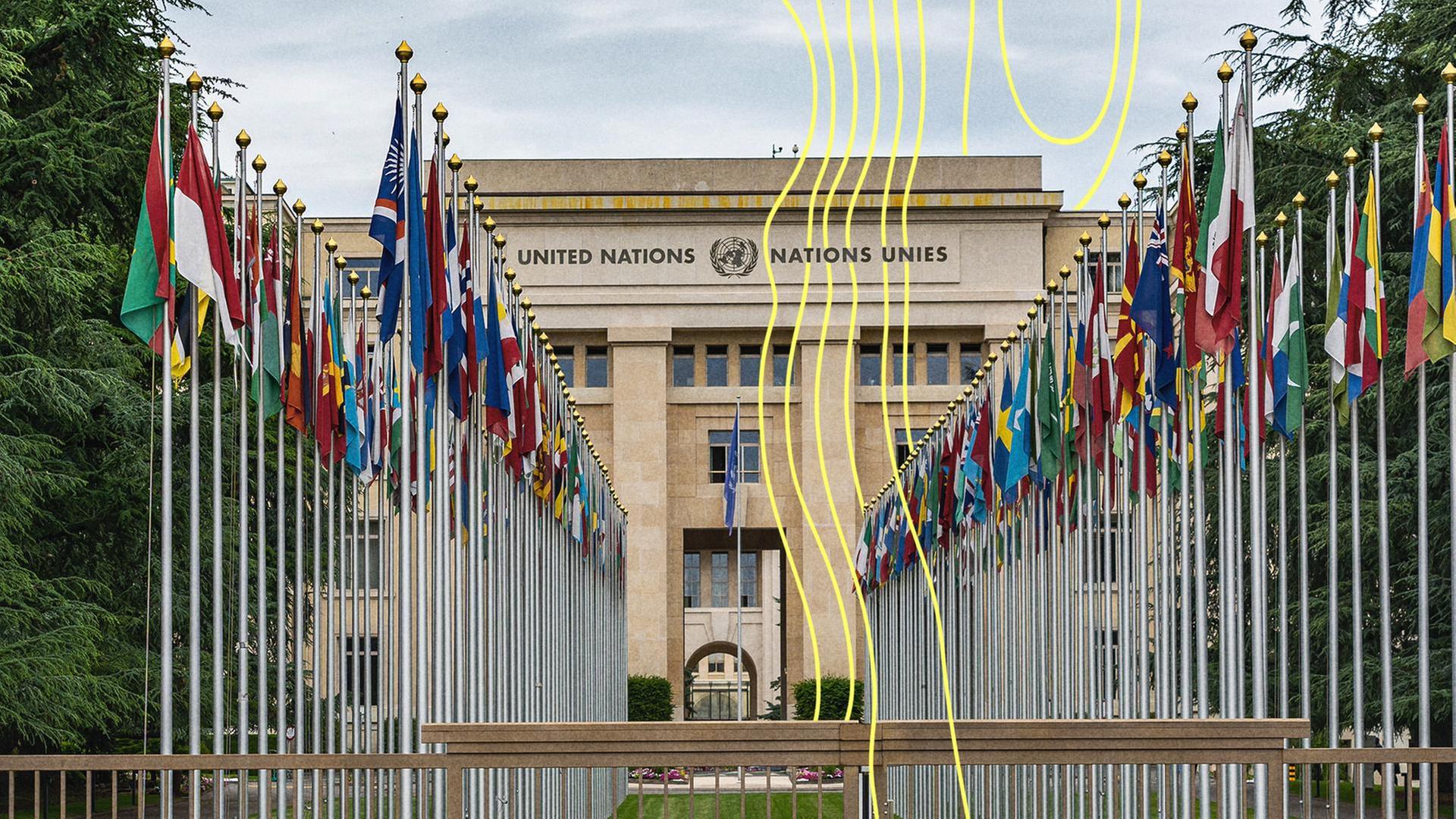 Nationale Flaggen am Eingang des BÃ¼ros der Vereinten Nationen in Genf, Schweiz. | IMAGO / Pond5 Images