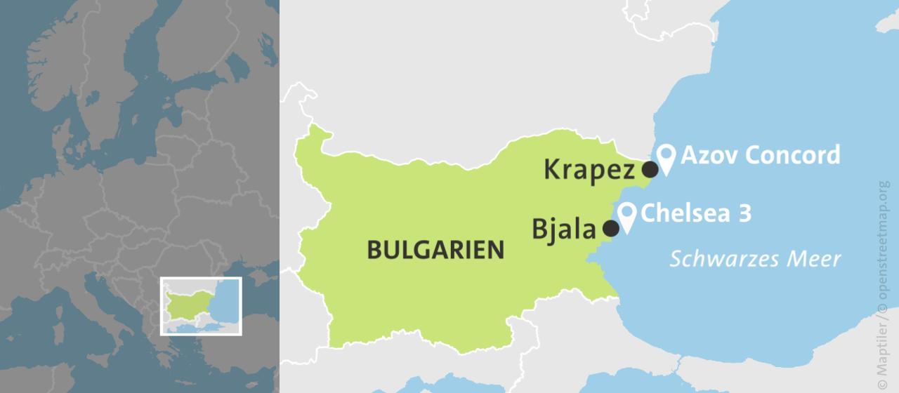 Karte von Bulgarien mit den Orten Bjala und Krapez