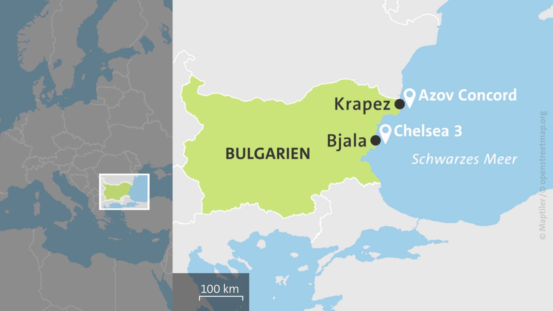 Karte von Bulgarien mit den Orten Bjala und Krapez | ARD-aktuell