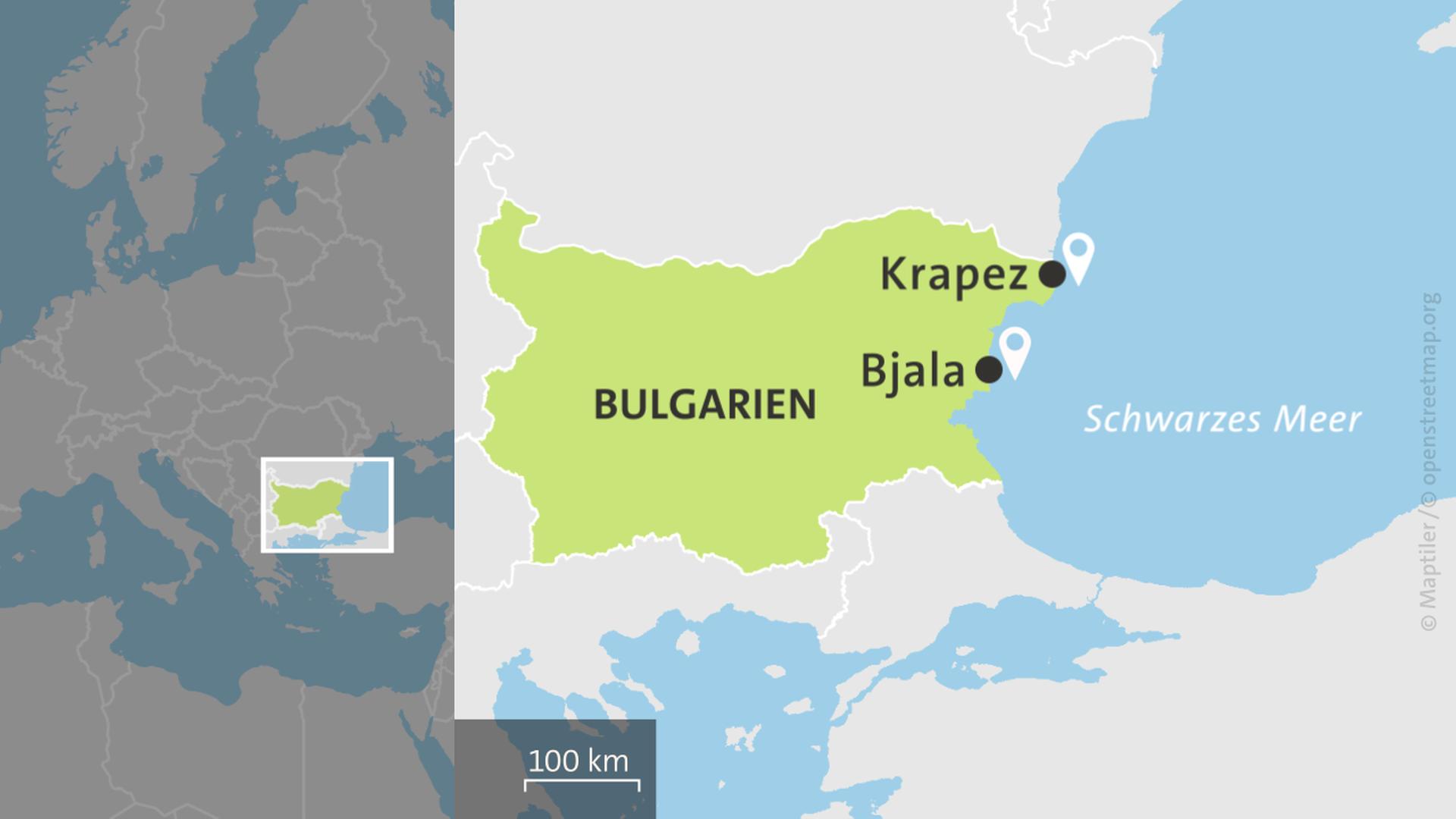 Karte von Bulgarien mit den Orten Bjala und Krapez | ARD-aktuell