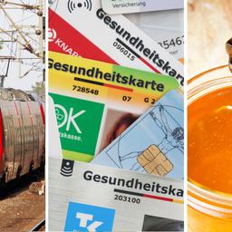 Eine Regionalbahn der DB, eine Ansammlung von Gesundheitskarten verschiedener Kassen, Honig wird aus einem Glas gelöffelt (Quelle: Picture Alliance/SZ Photo/Jürgen Heinrich & DPA/Bildfunk & Picture Alliance/Shotshop)