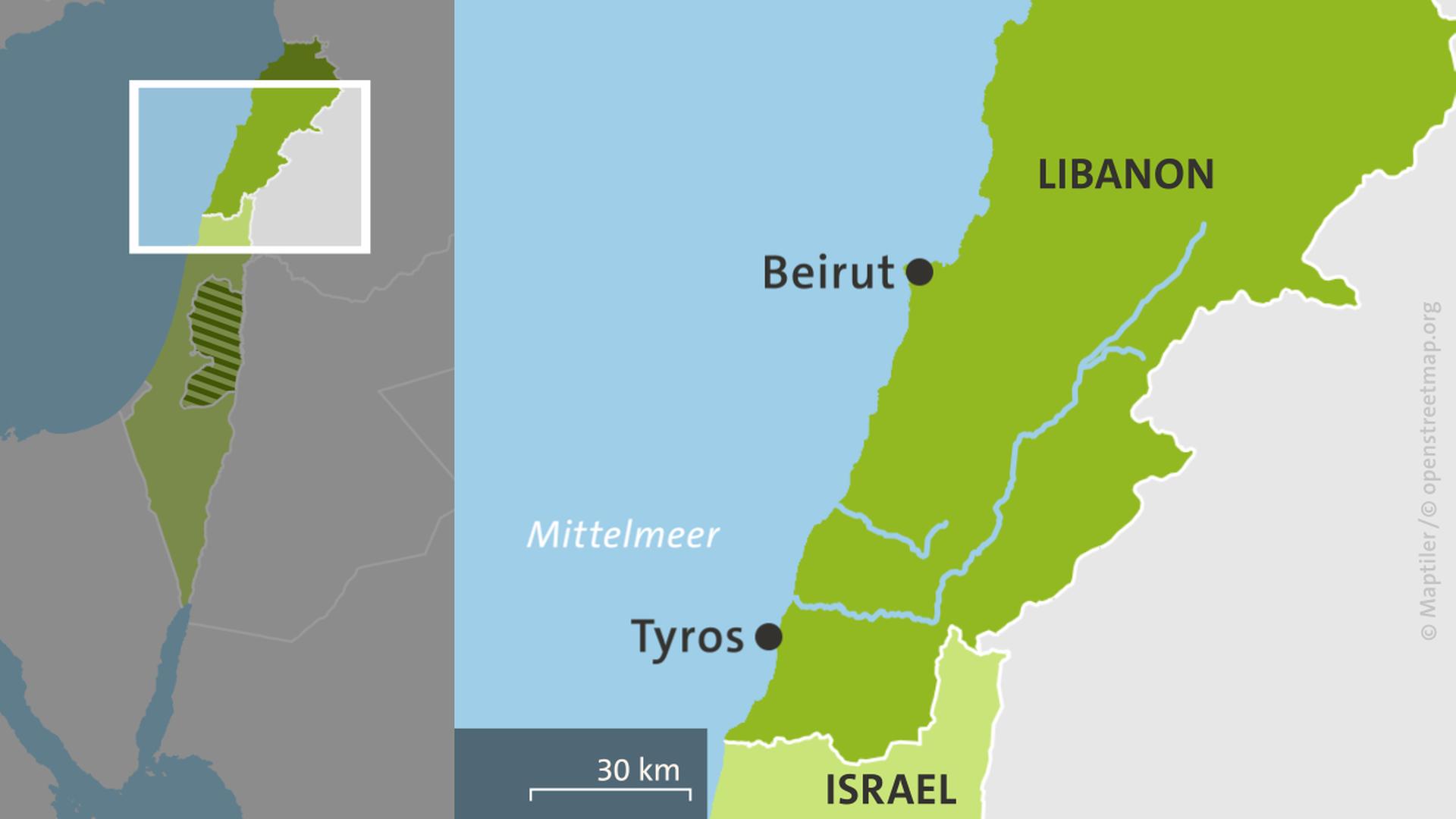 Karte Libanon mit den Orten Beirut und Tyrus | ARD-aktuell