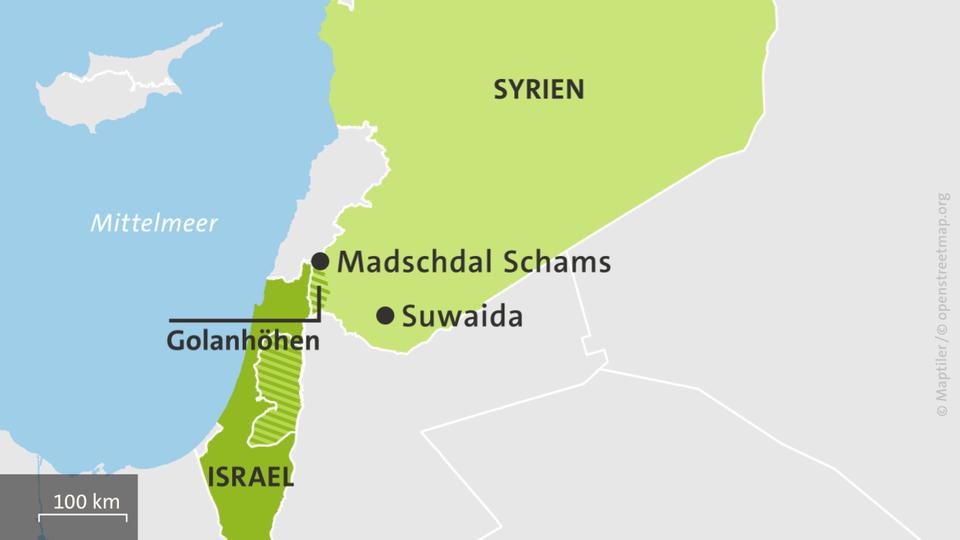 Syrien mit Suwaida, Israel und den Golanhöhen.